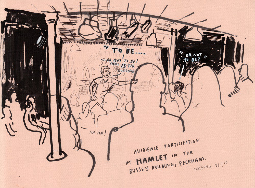 TimKing88's tweet photo. Audience participation at a preview of ‘Hamlet Peckham’ in the Bussey Building. @shakepeckham #tkdrawingaday Day 33 https://t.co/2J2lZ18Kcm