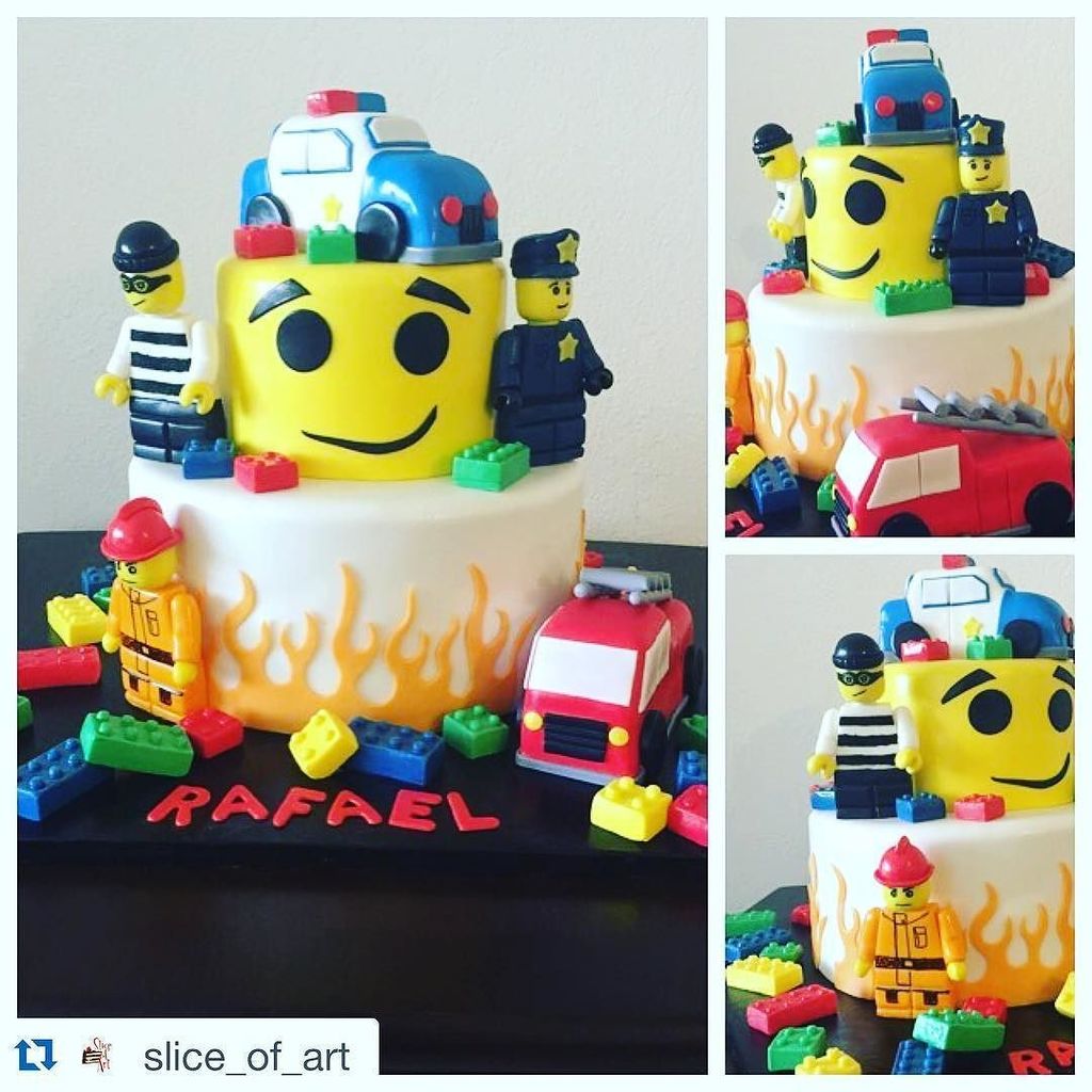 AFireStation's tweet photo. Found this cool photo, not mine @slice_of_art
Lego cake. Fire fighter and police! #SliceOfArt #Custom #CustomCupca… https://t.co/Q4SUrbM95h