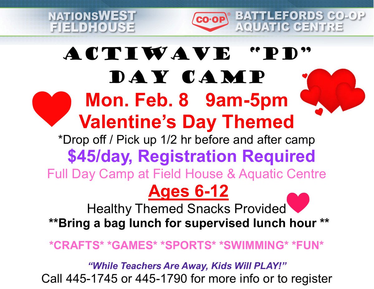 "While Teachers are away, kids will play" on February 8th at the Actiwave PD Day Camp #northbattleford