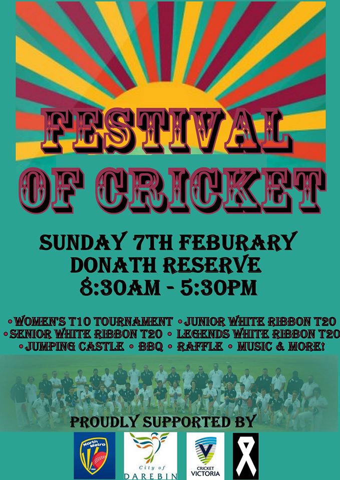 Festival of Cricket - Sunday 7th February, @NMCA1922 @CityofDarebin @cricketvictoria #whiteribbon #thisismyoath