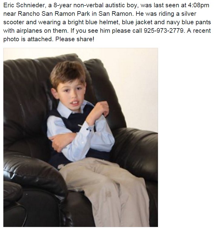 CityofSanRamon's tweet image. MISSING CHILD ALERT! Eric Schnieder, 8-yr non-verbal autistic boy, last seen at 4:08pm near Rancho San Ramon.