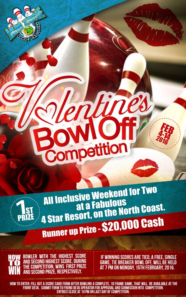 JamZoneja's tweet photo. ❤️❤️💕💋🌹😍Valentine's Bowl Off Competition. Win a Weekend for Two @ North Coast 4 Star Resort or $20,000 Cash. ❤️❤️💕🌹🌹 https://t.co/zLJGZN5Ln0