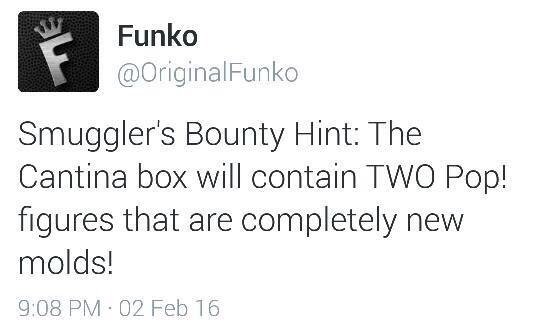 MayTheFunkoBWY's tweet photo. Our friends at @funko gave us a #smugglerbounty #cantinabox #hint: Not 1, but 2 #pops, #newmold. #mtfbwy https://t.co/N5wVEVDfYh