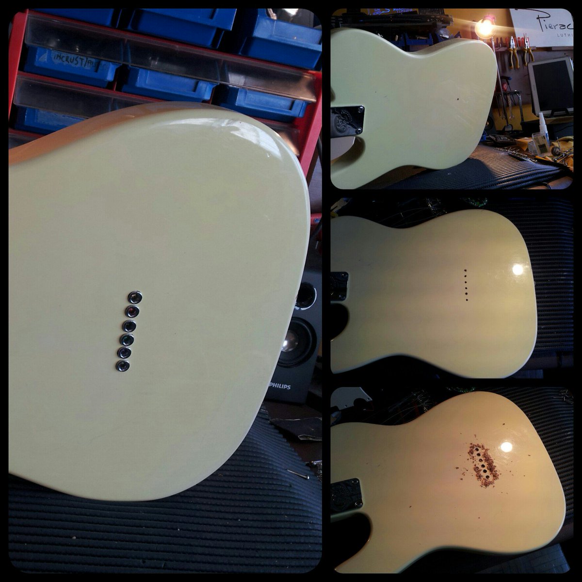 Pieraluthier's tweet photo. Cambio de puente en guitarra SX, ahora si la cuerdas a través del cuerpo. https://t.co/9vQbC02tRC