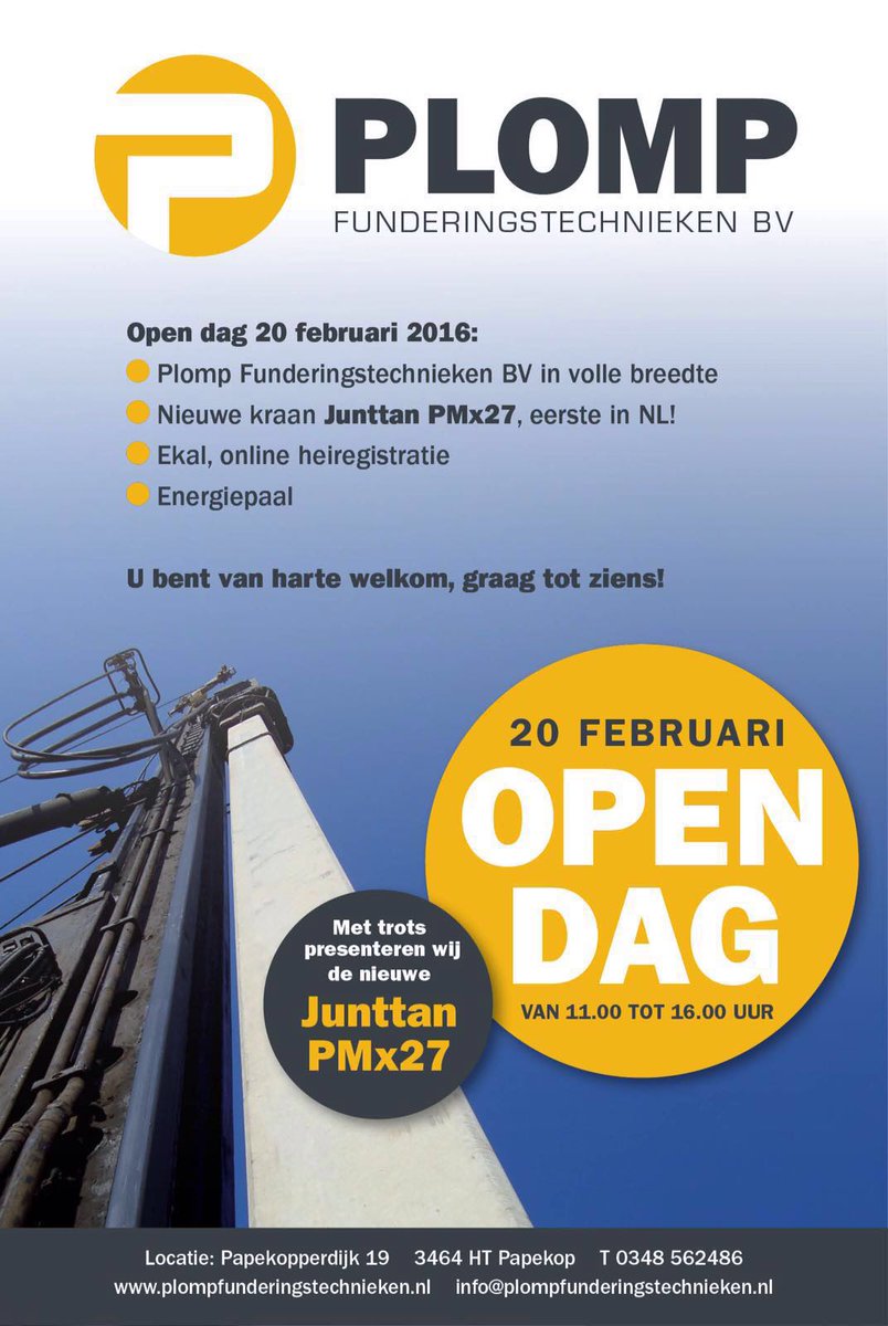 PlompFT's tweet photo. Plomp Funderingstechnieken BV nodigt u van harte uit om aanwezig te zijn tijdens onze open dag op 20 februari 2016. https://t.co/5QZpc0biW5