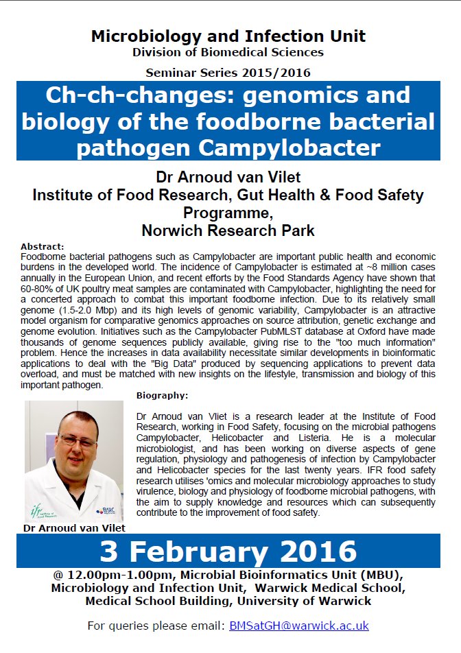 WarwickMicrobio's tweet photo. Welcome to today's seminar speaker Dr Arnoud van Vilet, from Norwich Research Park. Join us at 12pm! @warwickmed https://t.co/HgCjHx70ka