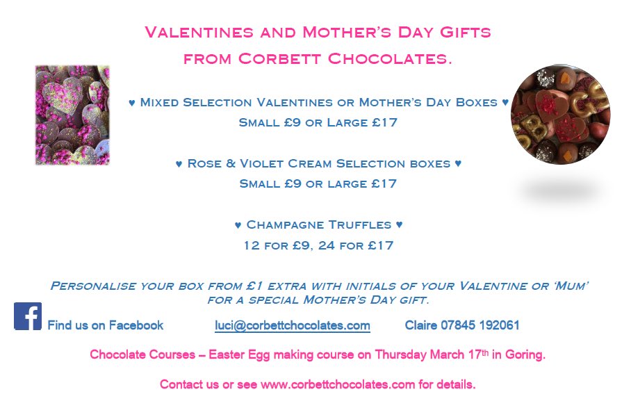 CorbettChocs's tweet photo. Valentine's champagne truffles? Your loved ones initials in chocolate?
Mothers Day Violet and Rose creams? https://t.co/4Y8whY4RCT