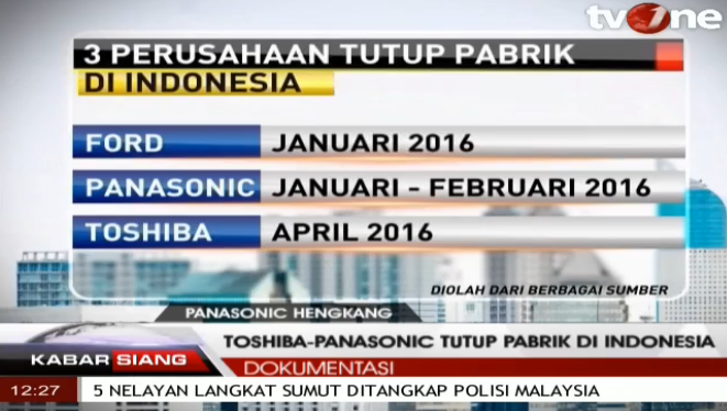 Toshiba - Panasonic Tutup Pabrik Di Indonesia  <a href="/kabarsiangtvone/">Kabar Siang tvOne</a> bit.ly/1P2jEoS
