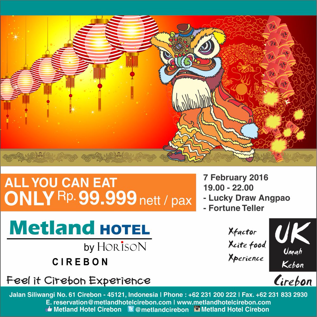 MetlandCirebon's tweet photo. Imlek Promo - Metland Hotel By Horison Cirebon

All You Can Eat 
Only Rp.99.999,- Nett / Pax https://t.co/Ecw9PPef1k