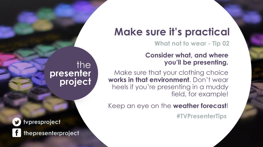 tvpresproject's tweet photo. Budding TV presenter? What you wear on-camera needs to be practical. That's the second of today's #TVPresenterTips. https://t.co/HmTAPCau5S