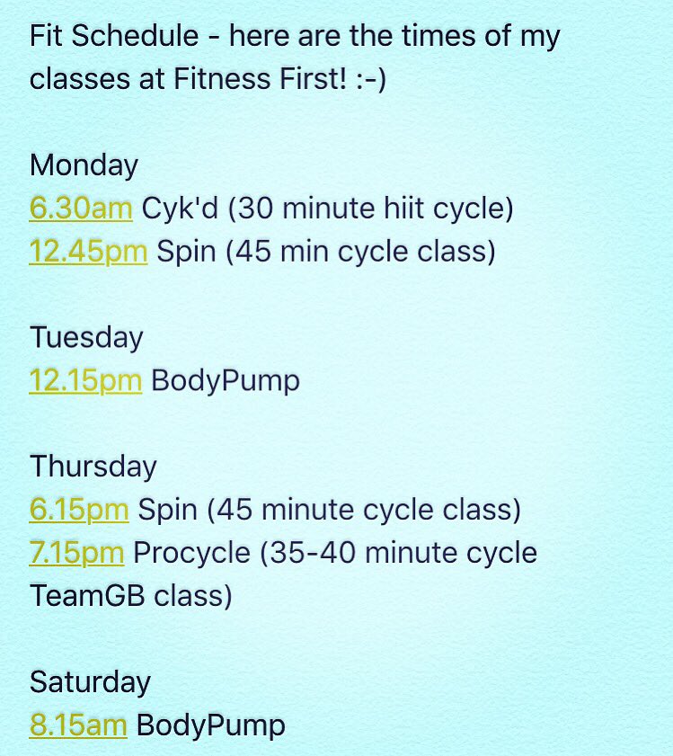 TVTOT's tweet photo. Here's my schedule for @FitnessfirstCJS come and take a class with me whether to up your cardio or tone up with pump https://t.co/1To2KQA8UN