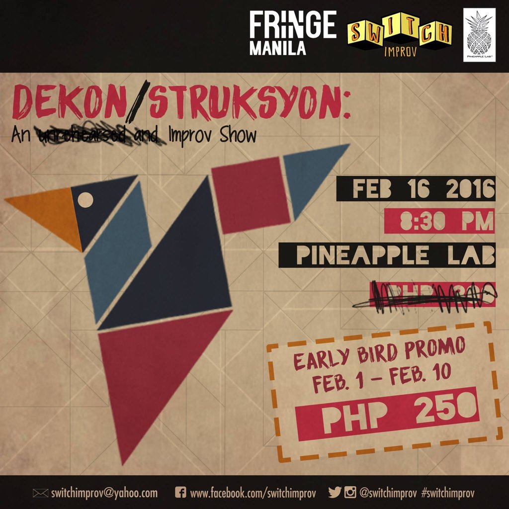 SwitchImprov's tweet photo. Have you gotten your tickets? :) Reserve now via our fb page or text: 0917.804.6090 #switchimprov #fringemnl2016 https://t.co/qA29BY79Av