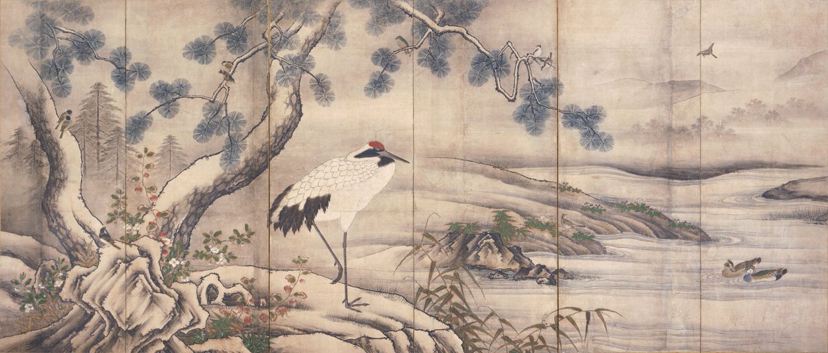 展示室より】「松鶴図屏風」（桃山時代 17世紀）は、松と鶴という