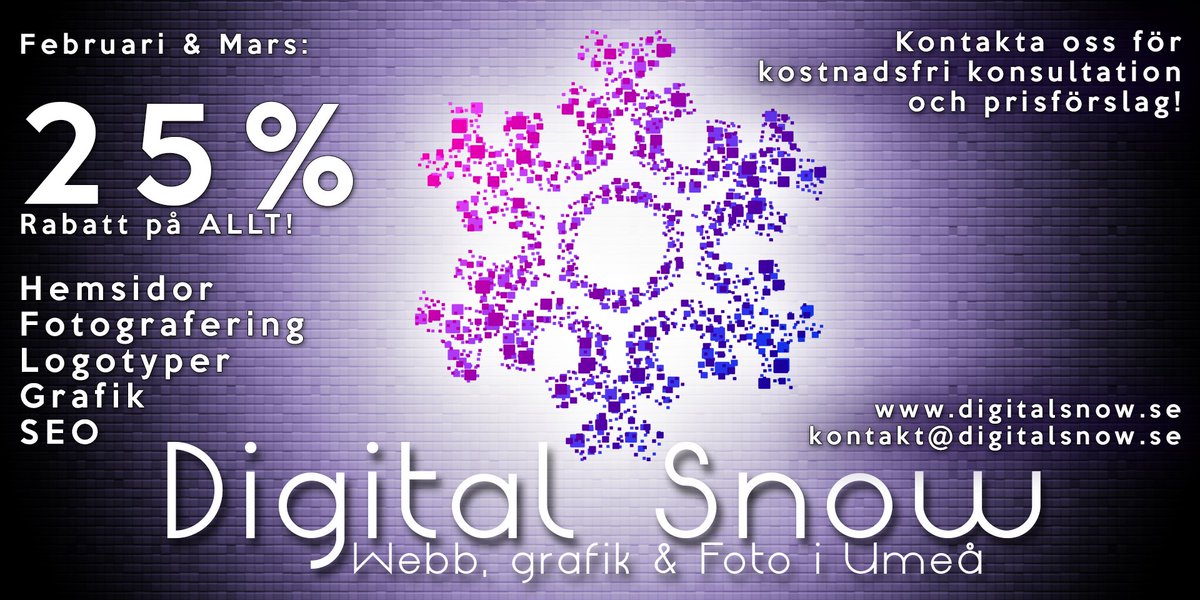 DigitalSnow_SE's tweet photo. Vi firar vår nya webbplats med en vinterrea! https://t.co/D3Ld7kFb8A #Umeå #Webbdesign #Webbyrå #REA #PassaPå https://t.co/ohM9NOCVCq