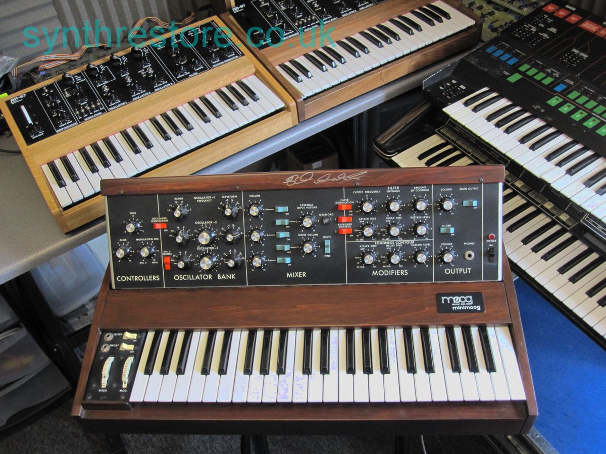 synthrestore's tweet photo. A Minimoog signed by Rick Wakeman #GrumpyOldRick With a few other synths thrown in for good measure! https://t.co/9opd09aoHM