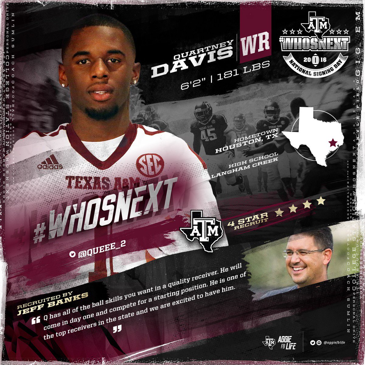 aggiefblife's tweet photo. Welcome to Aggieland! 

@queee_2 | Wide Receiver

#WHOSNEXT! #ItsAboutUs https://t.co/eBIn1MekKj
