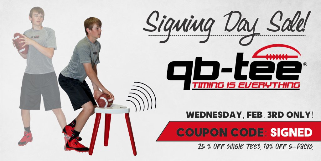 QB_TEE's tweet photo. IT'S SIGNING DAY! For today only, use code SIGNED at checkout for 25% off single tees, 10% off 5-Packs. #SigningDay https://t.co/tcHTnOvMup