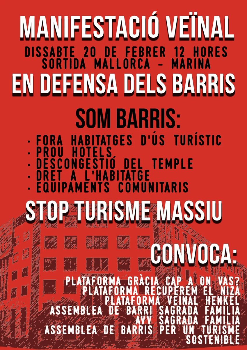 El Dissabte 20 de Febrer MANIFESTACIÓ VEÏNAL al C/Mallorca amb C/Marina! #SomBarris #StopTurismeMassiu #ProuHotels