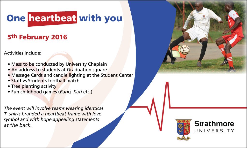 StrathU's tweet photo. One Heartbeat With You!!

In an effort to encourage&amp; celebrate oneness as SU Community...

Friday 5th from 12;30pm https://t.co/EFxfFowQqh