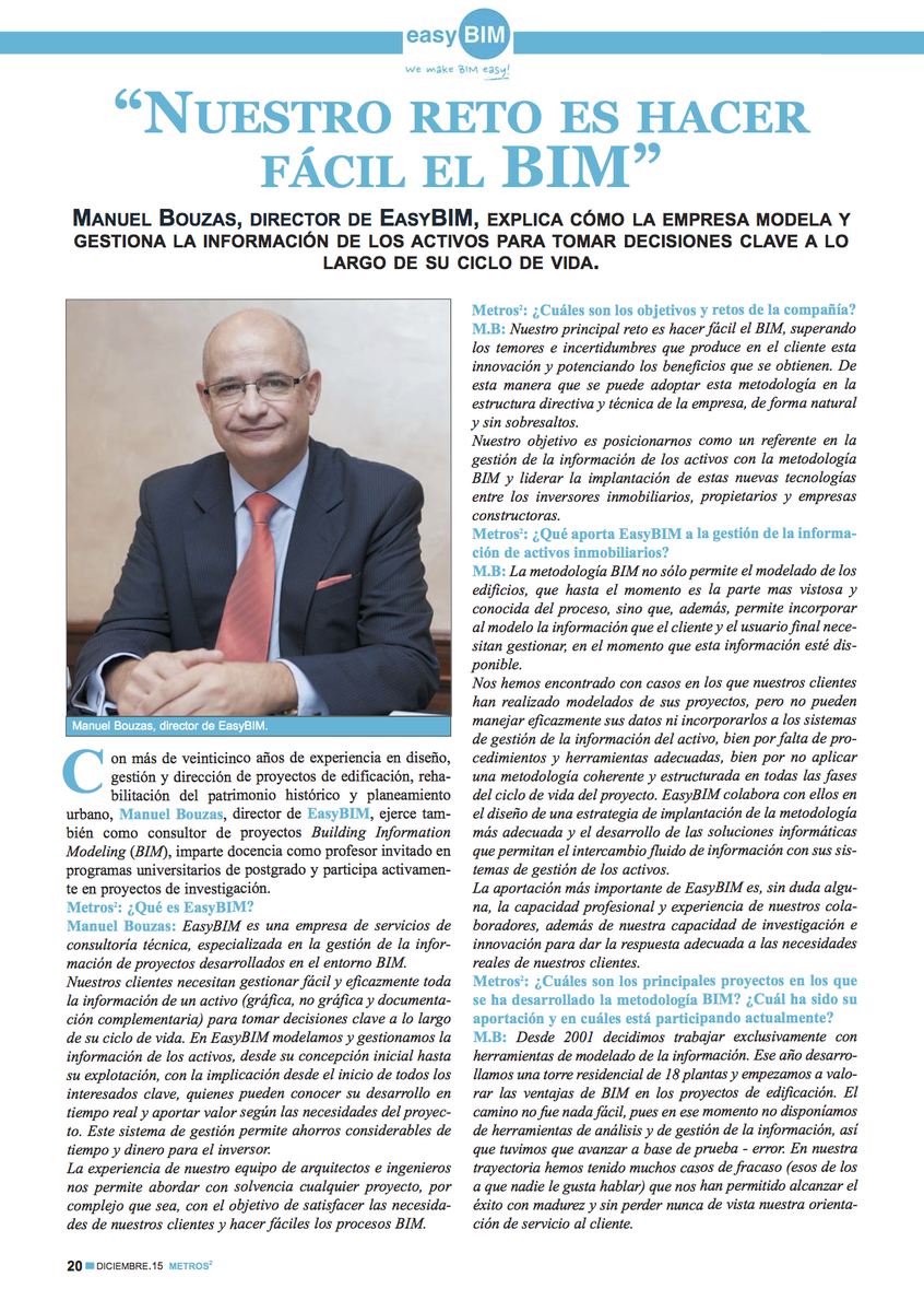 easy_BIM's tweet photo. Entrevista a @ManuelBC director de @easy_BIM en la Revista Metros2. Nuestro reto es hacer fácil el BIM #BIM #easyBIM https://t.co/CzmA33fM6K