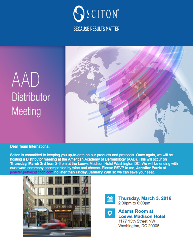 Join <a href="/sciton/">Sciton Inc.</a> at their AAD meeting 3/3 in Washington DC! Email jennifer.petrie@sciton.com to register your interest