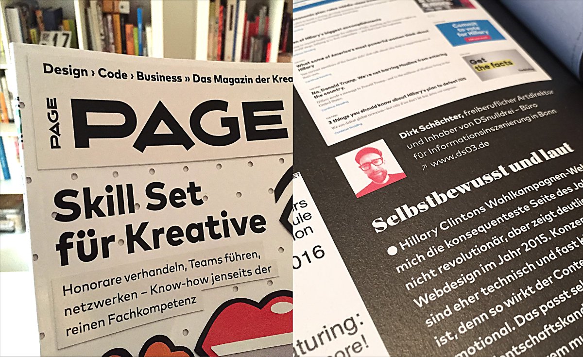 Die Zeitschrift Page hat mich nach meiner Meinung zum Thema "generisches Webdesign" gefragt: ds03.de/_files/Page-3-…