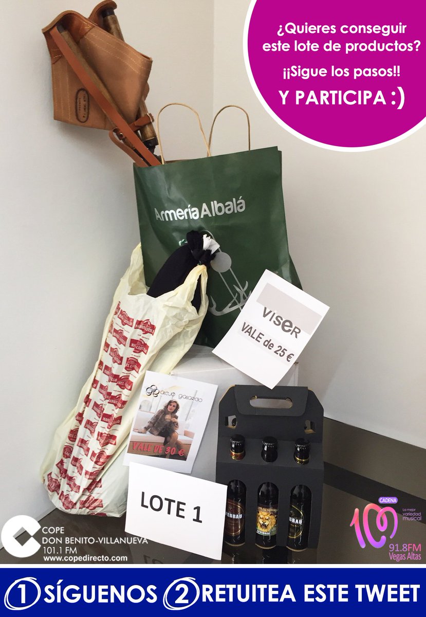 C100vegasaltas's tweet photo. El lote UNO del Baúl de Cope y Cadena 100.
Síguenos y haz RT para participar en el sorteo, hasta el 9/2/16 (23.59h) https://t.co/mb7etmc8AE