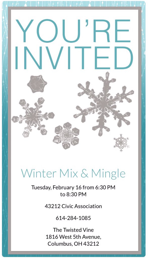 43212CA's tweet photo. Come out to the 43212 #CivicAssociation Mix and Mingle! 02/16/16 @ 6:30p. #TwistedVine. Be there, make a difference. https://t.co/oQugKDHgKF