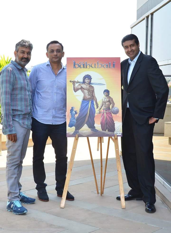 RebelionsO's tweet image. @ssrajamouli @Shobu_  and CEO of @GraphicIndia #Devarajan at the big @BaahubaliMovie  announcement today...