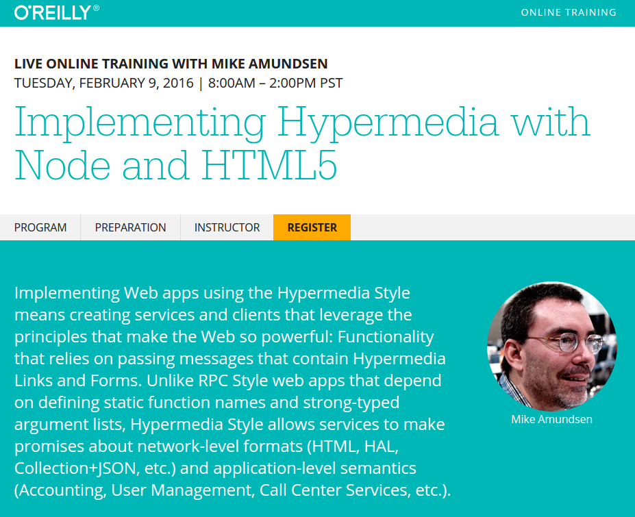 mamund's tweet photo. "an online tutorial -with friends" [mca blog] https://t.co/P0WRZgzryQ sign-up now! @bigbluehat @OReillyMedia #API360 https://t.co/1mSSXrK2gi