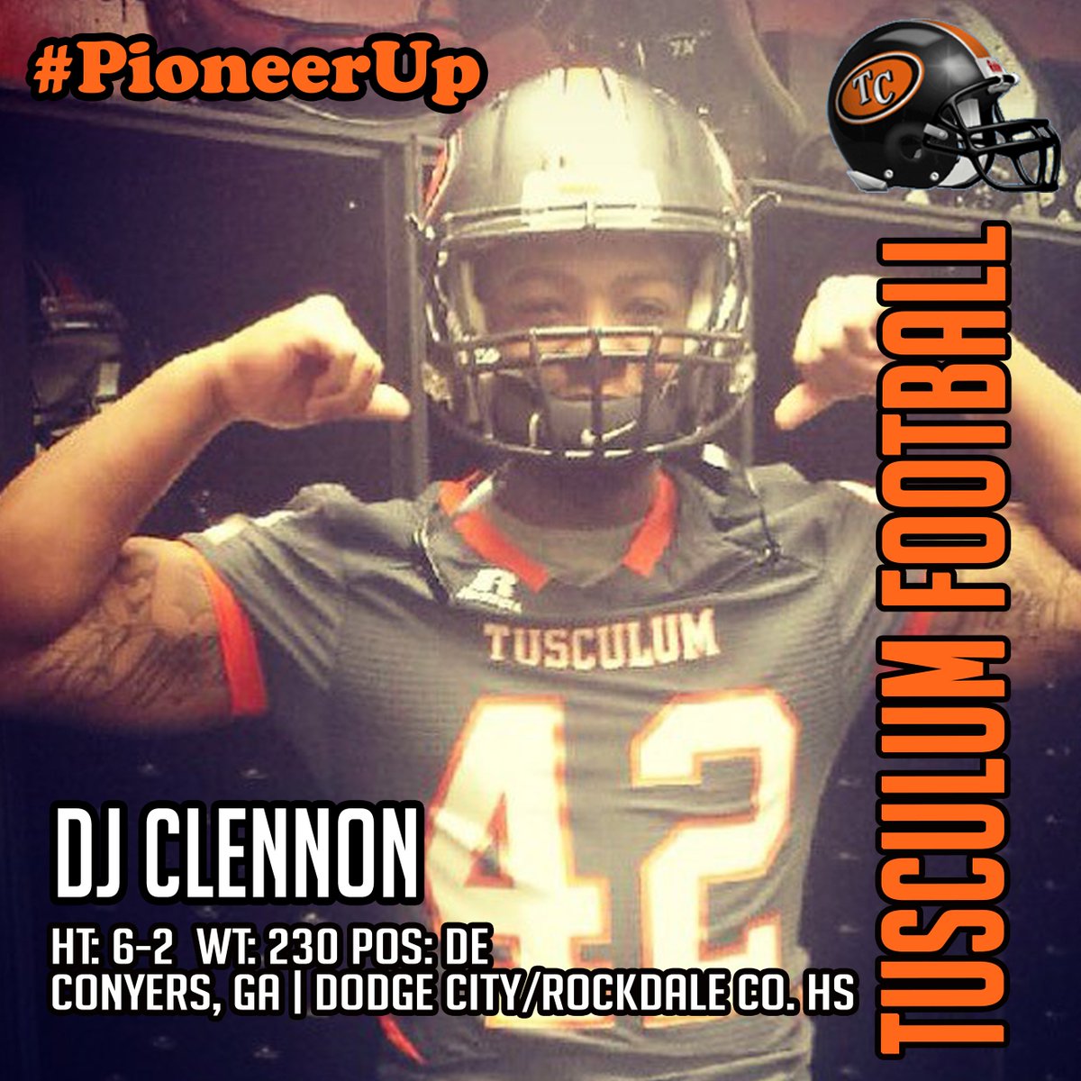 TusculumSports's tweet photo. Welcome to Tusculum - DJ Clennon | DE | Conyers, GA | Dodge City/Rockdale Co. HS #TCSigningDay #PioneerUp #NSD2016 https://t.co/GTK707d1Bb