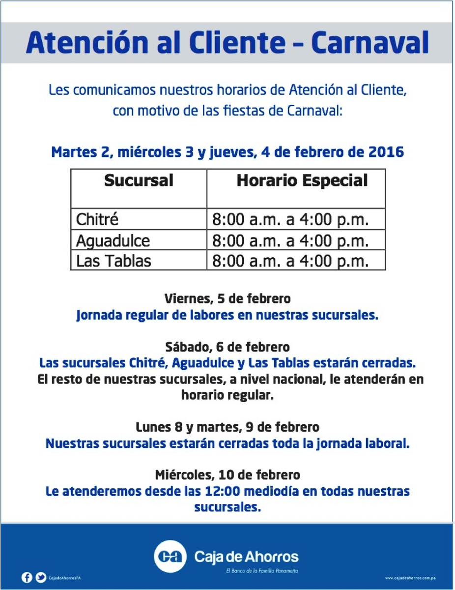 CajadeAhorrosPA's tweet photo. #AvisoImportante 
Les recordamos que hoy estaremos atendiendo desde las 12 mediodía en nuestras sucursales https://t.co/aiZb0u5x1q