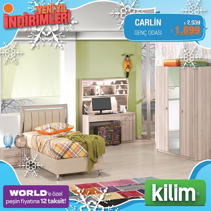 Kilim' de yeni yıl indirimleri başladı!
Carlin Genç Odası Cordoba 1.899,00 TL!
Daha fazlası web sayfamızda!