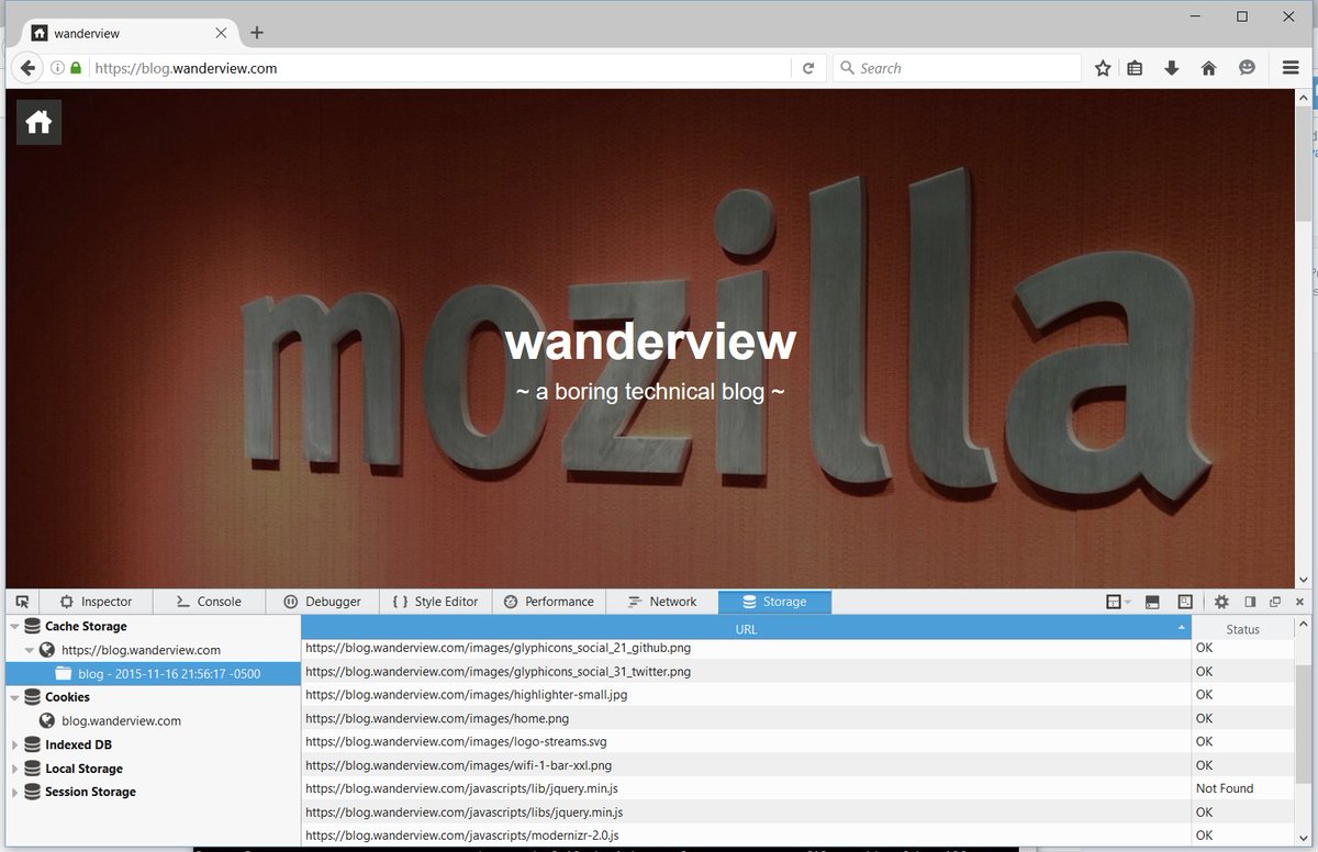 wanderview's tweet photo. Thanks to @TechnoBarje, Firefox 47 will display service worker Cache contents in devtools storage inspector. https://t.co/VFOPIZ1VaZ