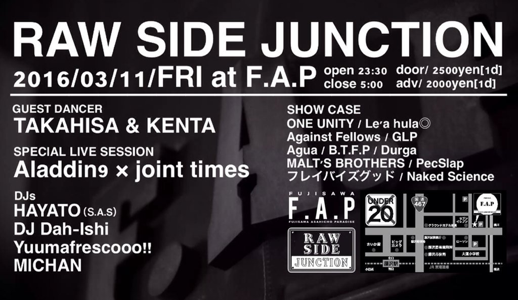 Wada0326's tweet photo. 3/11金曜深夜、藤沢F.A.PにてRAW SIDE JUNCTION！
joint times主催party始動します(｀_´)ゞ

詳細に関しては随時更新予定、
取り急ぎスケジュールの確保を願います！ https://t.co/lKm7gDRLnN