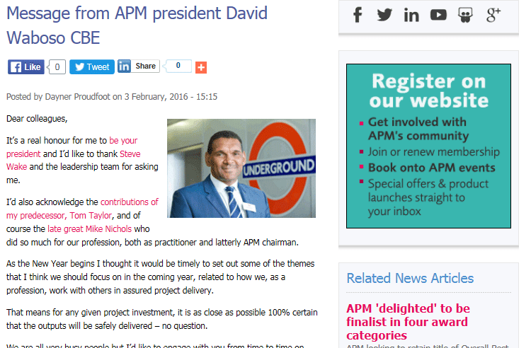 APMProjectMgmt's tweet image. David Waboso CBE @apm_president sets out key themes of focus for coming year bit.ly/1Kq1cHj #apmweb #pmot