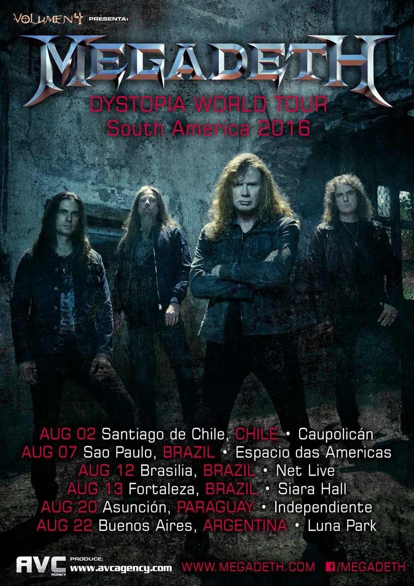 Megadeth South America #DystopiaWorldTour
¡Chile, Brasil, Paraguay y Argentina son los primeros países del tour!