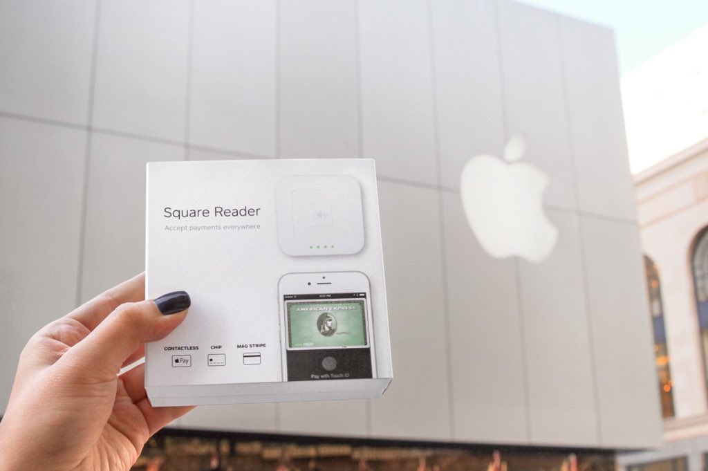 Square's tweet image. As of this tweet, our new Apple Pay reader is available in every Apple Store across the U.S. 📲◻️ 🎉
