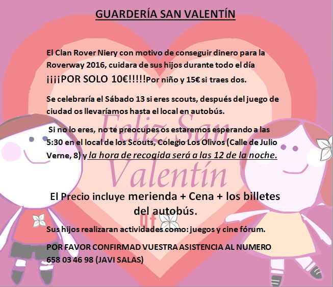 GUARDERÍA SAN VALENTÍN.
Sábado 13 de febrero ❤ Os esperamos !!