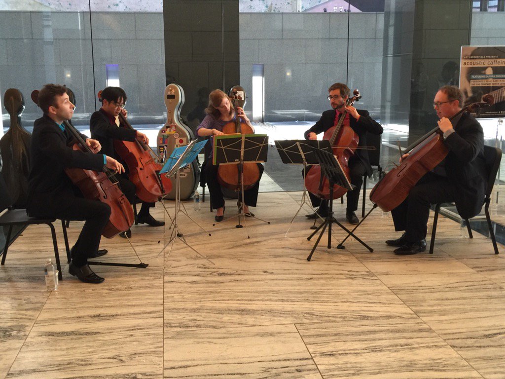 TimMyersTbone's tweet photo. End of #slsotour treat: 8 AM concert in LA's Gas Company Tower: @sakura_cellos https://t.co/FOsK6HwHTz