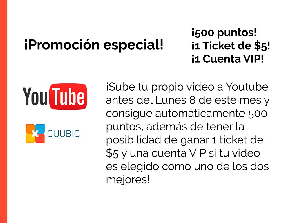 cuubic_es's tweet photo. ¡Crea tu video en Youtube de Cuubic y consigue 500 puntos además de poder conseguir 1 ticket de $5 y una cuenta VIP! https://t.co/j5KQLLipqZ