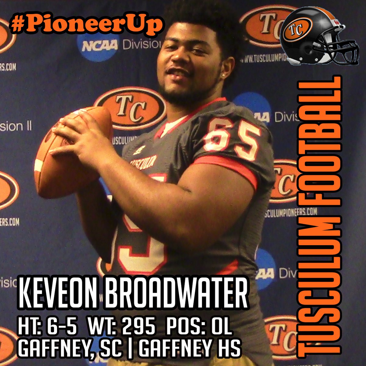 TusculumSports's tweet photo. Welcome to Tusculum - Keveon Broadwater | OL | Gaffney, SC | Gaffney HS #TCSigningDay #PioneerUp #NSD2016 https://t.co/9NYxUZPSsR