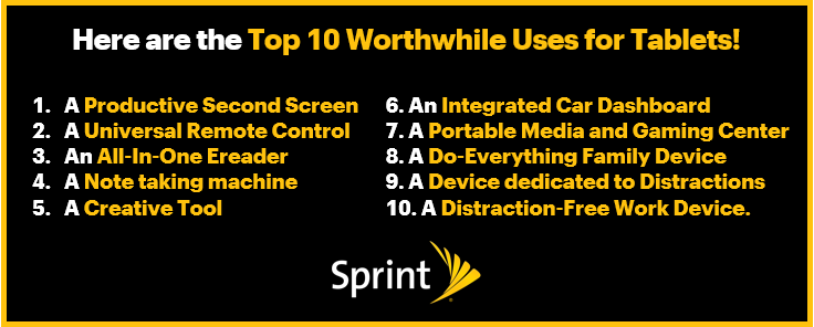 JohnStevens_'s tweet photo. Check out the Top 10 Worthwhile Uses for Tablets! Let everyone know by retweeting! #Sprint4TX #tabletfacts https://t.co/8t1RitdGHk