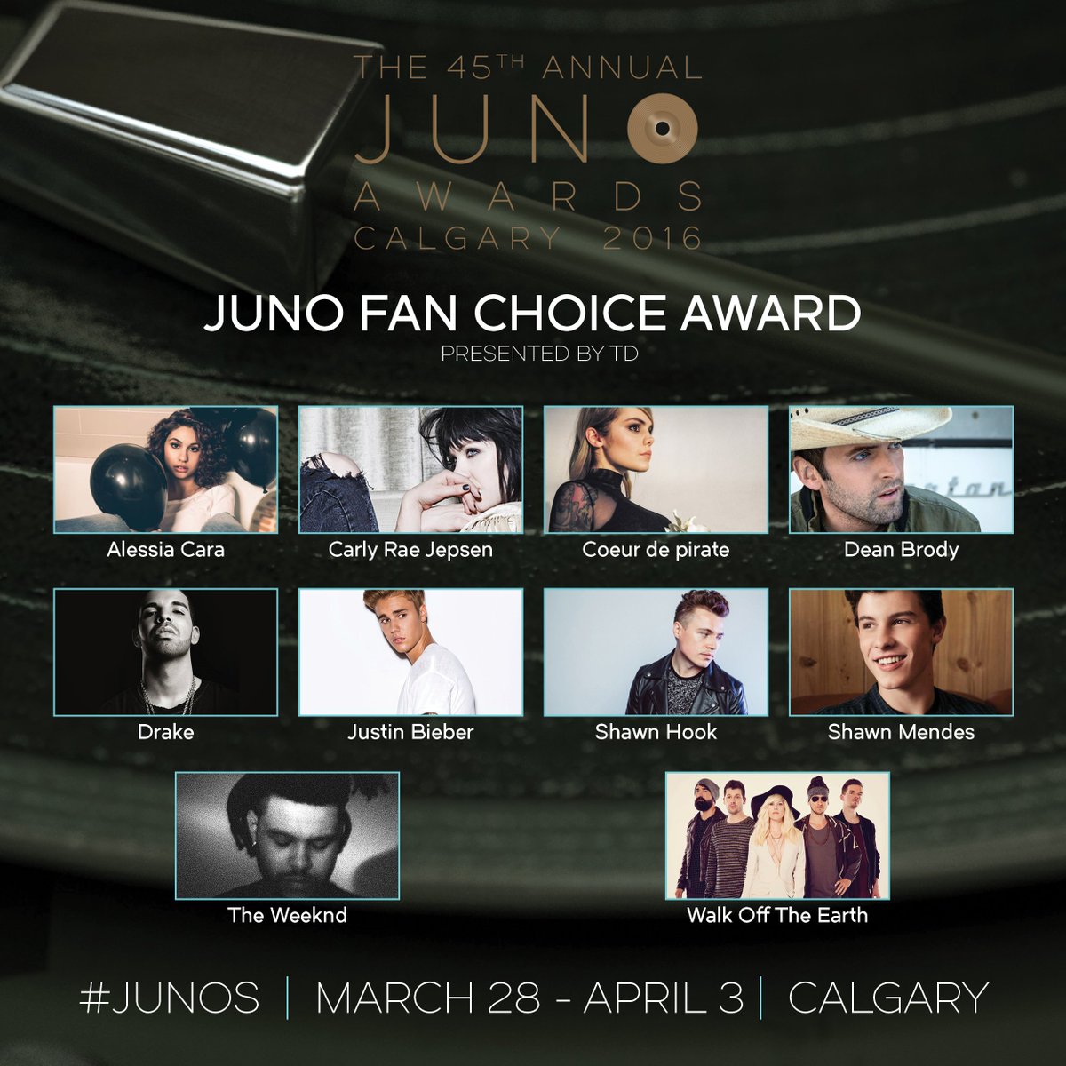TheJUNOAwards's tweet photo. Voting for #JUNOFanChoice presented by @TD_Canada is now open! Vote now. Vote often! https://t.co/F3bEPnP3r3 https://t.co/3kczESEDua