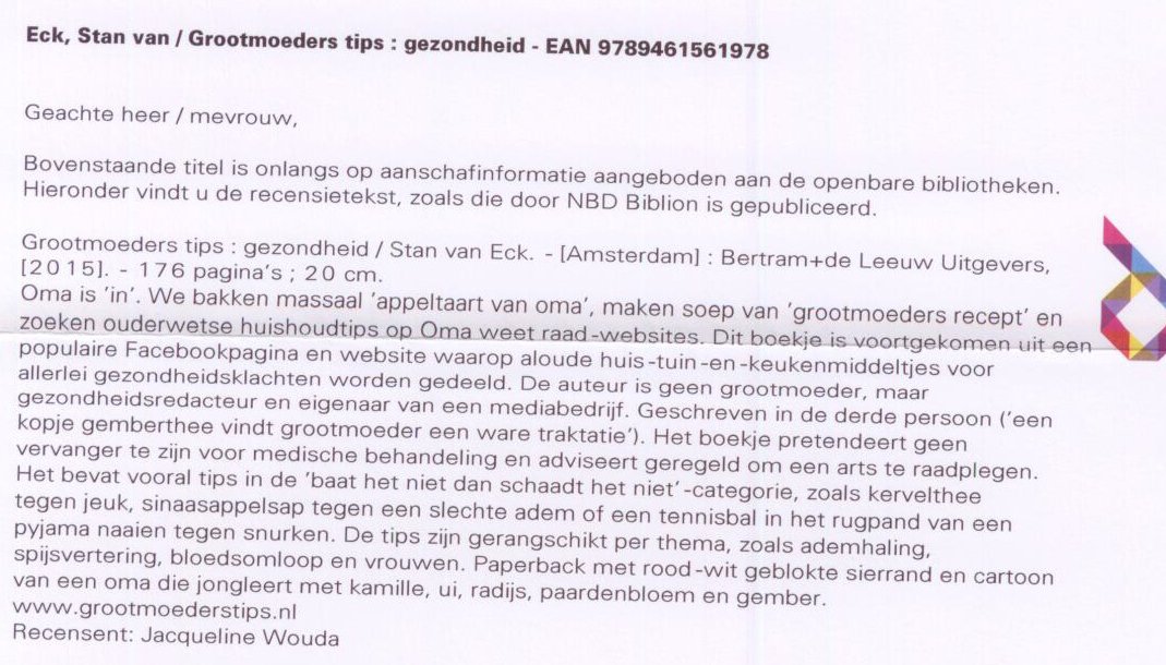 StanVanEck's tweet photo. Mijn boek #GrootmoedersTips ligt vanaf nu ook in 115 bibliotheken. Bijgaand de recensie van @NBDBiblionBV https://t.co/7TLjA7eT29