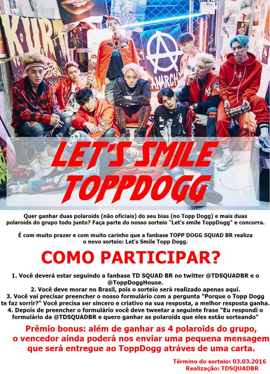 tdsquadbr's tweet photo. [SORTEIO] "Let's Smile Topp Dogg" 
Concorra a 4 polaroids e + um prêmio bonus.
Saiba mais: https://t.co/UyiffNWvTr https://t.co/M5epEZLvuA