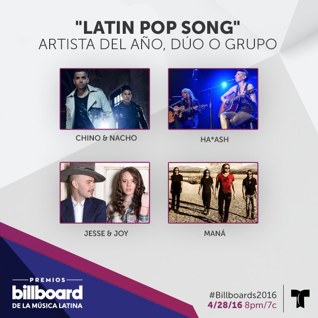 LatinBillboards's tweet photo. “Latin Pop Songs” Dúo or Grupo: @ChinoyNacho @haashoficial, @jesseyjoy, @manaoficial #Billboards2016 https://t.co/ahEGaApjR9