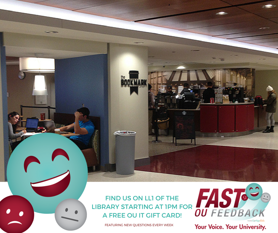 OUFastFeedback's tweet photo. Want a free @OUITStore / @OneUStore gift card? Come find us starting at 1pm by the LL1 #OUFastFeedback kiosk! https://t.co/faPRIU791z