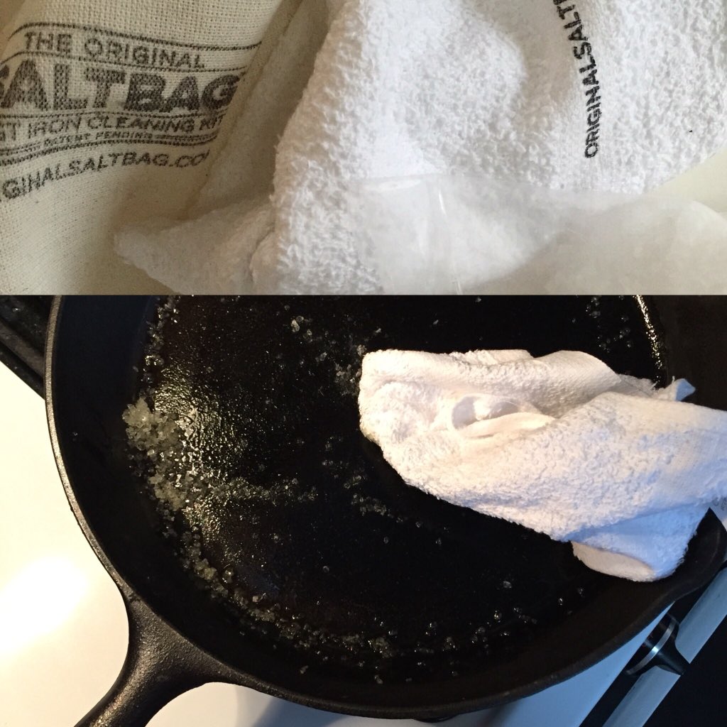 OriginalSaltbag's tweet image. An @OriginalSaltbag user sent us this process photo. Caption: Cleaning cast iron is a snap! originalsaltbag.com