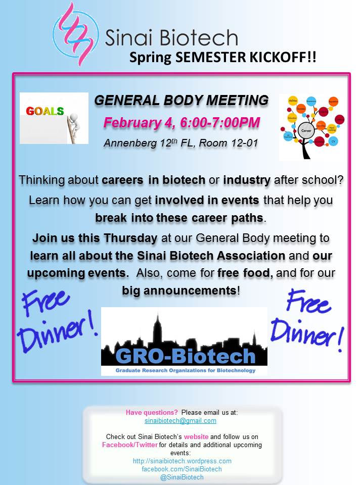 SinaiBiotech's tweet photo. Come to Anbg 12-01 tmrw @ 6pm to learn about SBA, upcoming events, and some other BIG announcements! Oh &amp; FREE FOOD! https://t.co/XIOptWUBkU